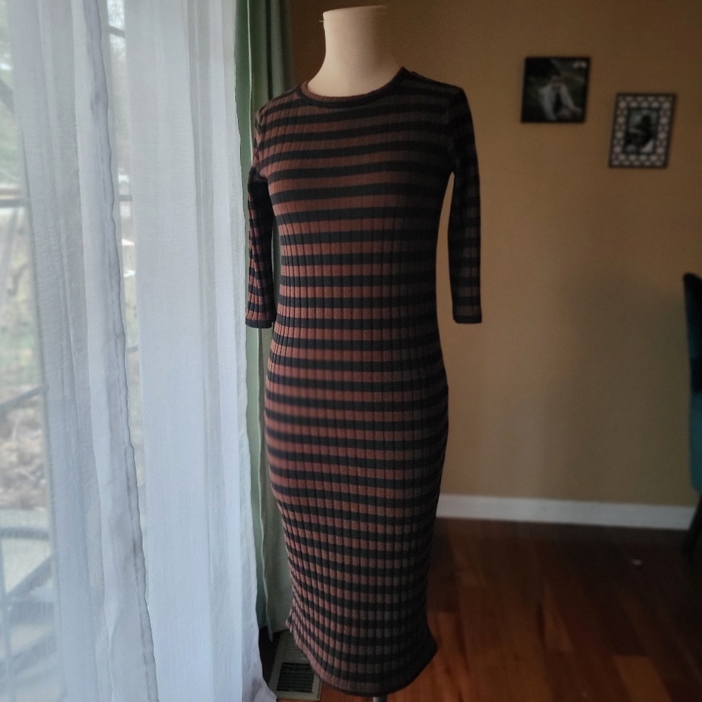 Zara Trafaluc Black and Brown Striped Long Sleeve Midi Dress Womens Small